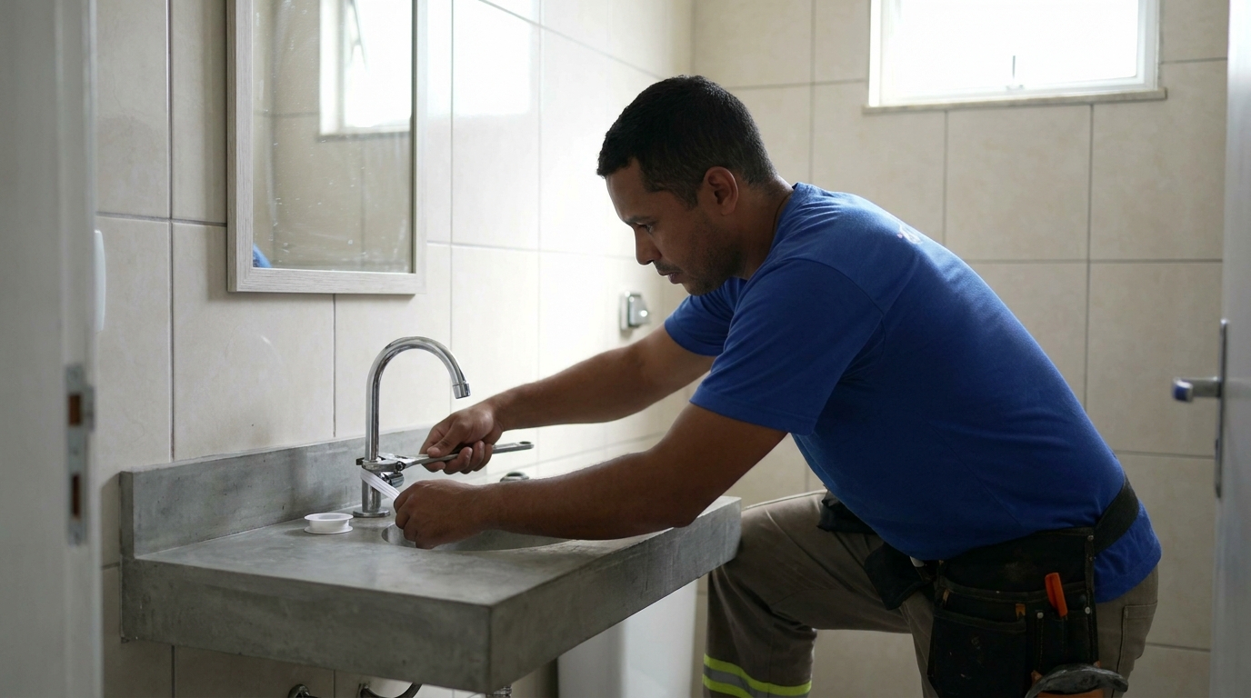 Encanador instalando torneira em Petrópolis‑RJ