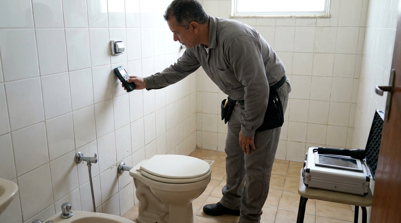 Técnico de caça vazamento analisando tubulação em Petrópolis‑RJ