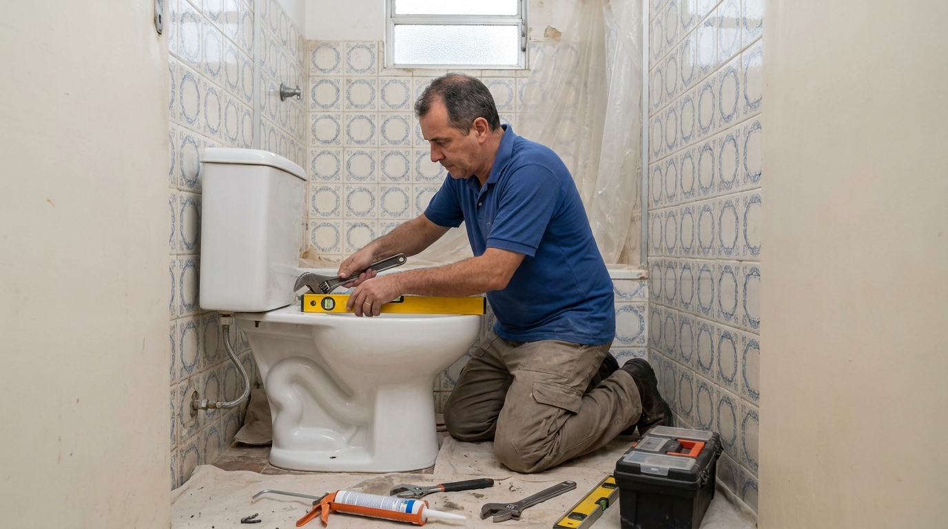 Técnico instalando vaso sanitário em Petrópolis‑RJ